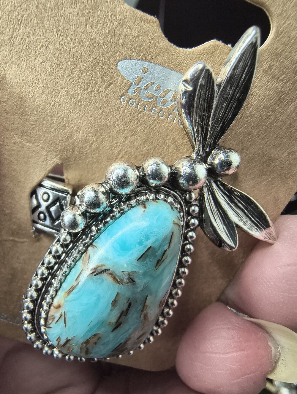 Southwestern Blue Jasper Statement Stretch Ring Silver Tone Boho Artisan NOS - Picture 6 of 6
